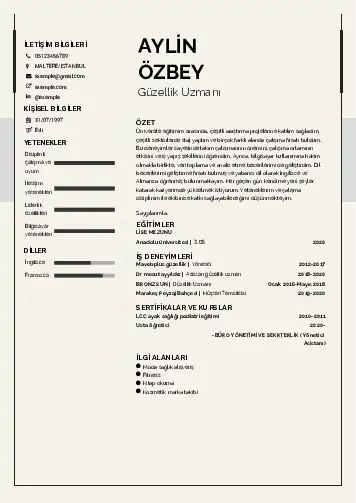 Güzellik Uzmanı Cv Örnekleri  cv indir